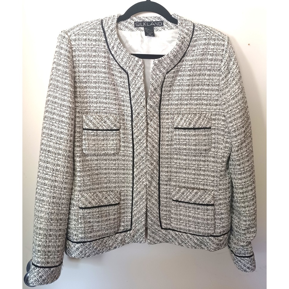 Silkland Tweed Blazer Women XL‎ Black White Silk Blend Preppy Parisian Old Money